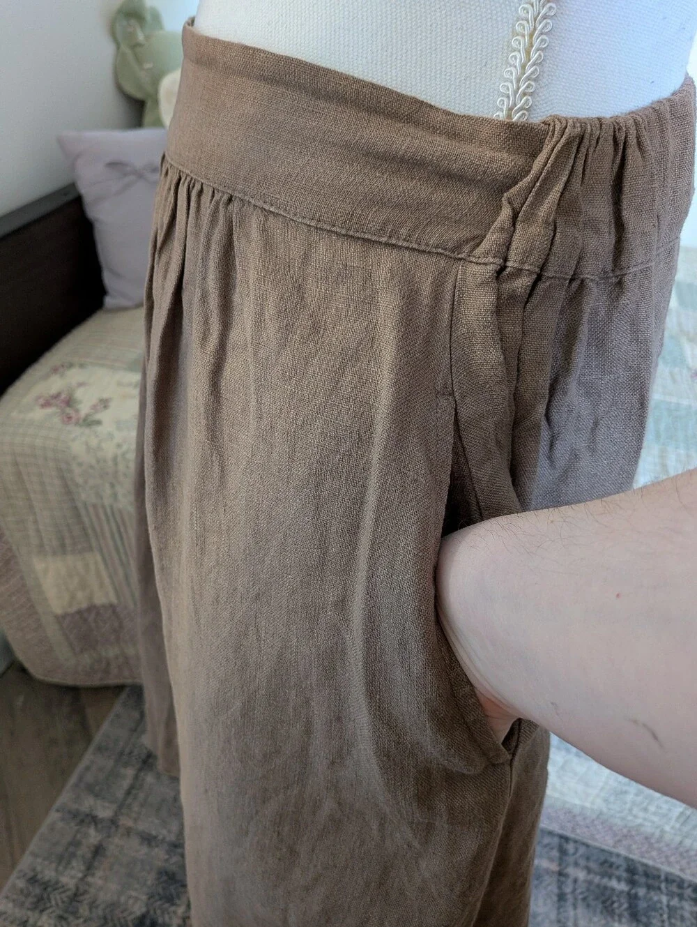 Linenfox 100% Linen Skirt S/M Taupe Brown Elastic Waist Pockets Handmade